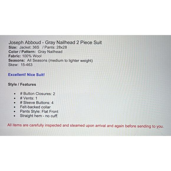 Joseph Abboud 36S 28x28 Solid Gray Nailhead 2 Piece Suit - Picture 12 of 16